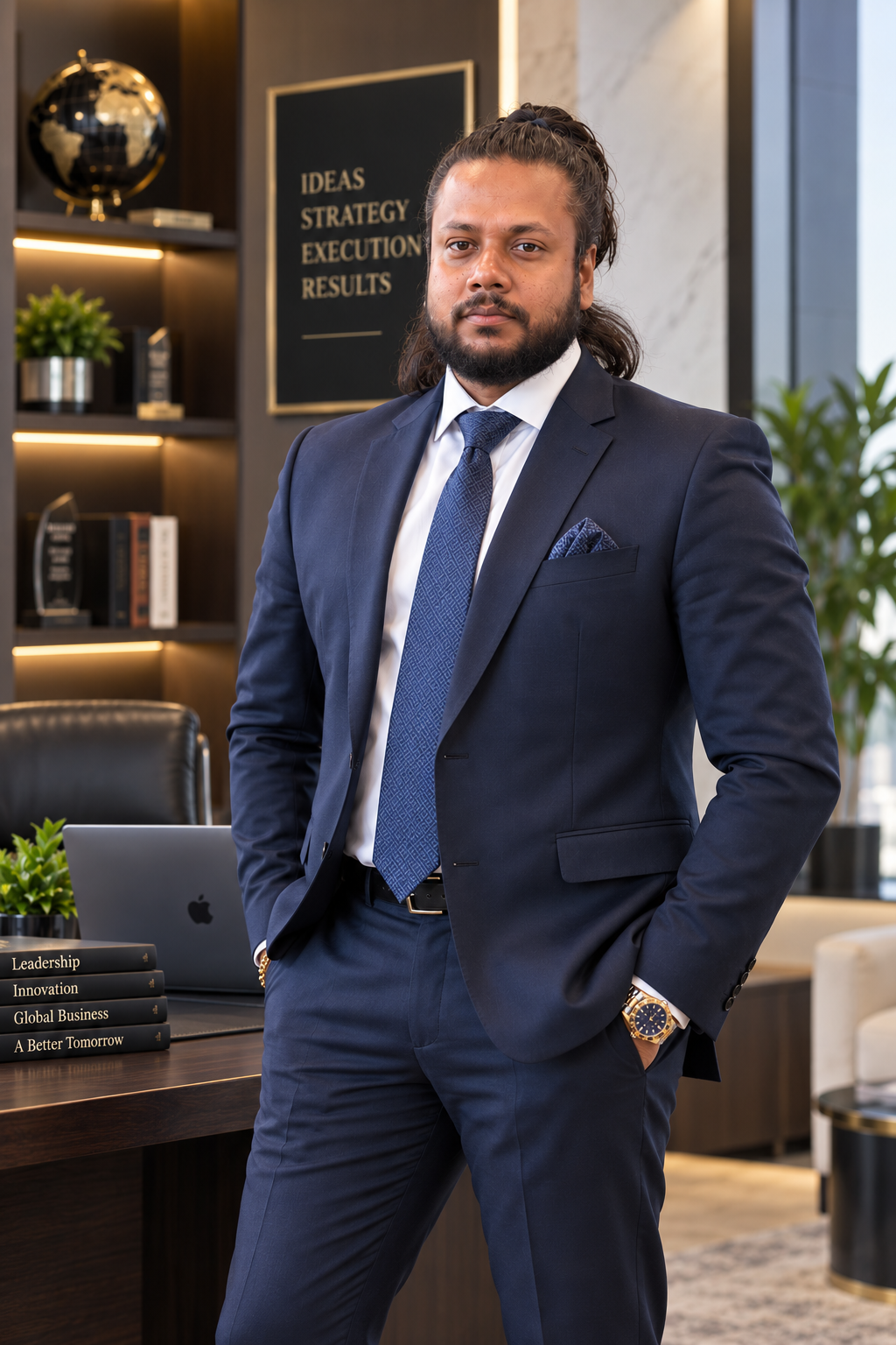 Rakibul Hasan wearing a navy suit in an office