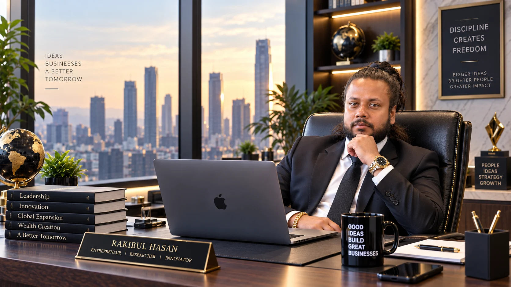 Rakibul Hasan seated at an office desk with a laptop