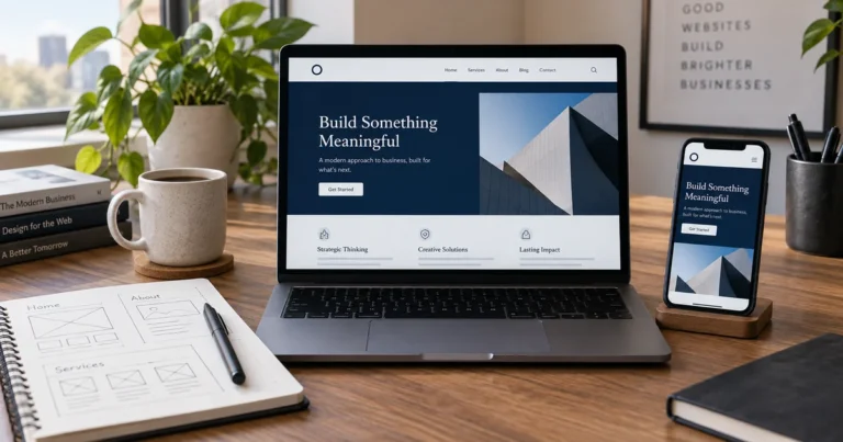 Laptop and phone displaying matching business website layouts beside a planning notebook.