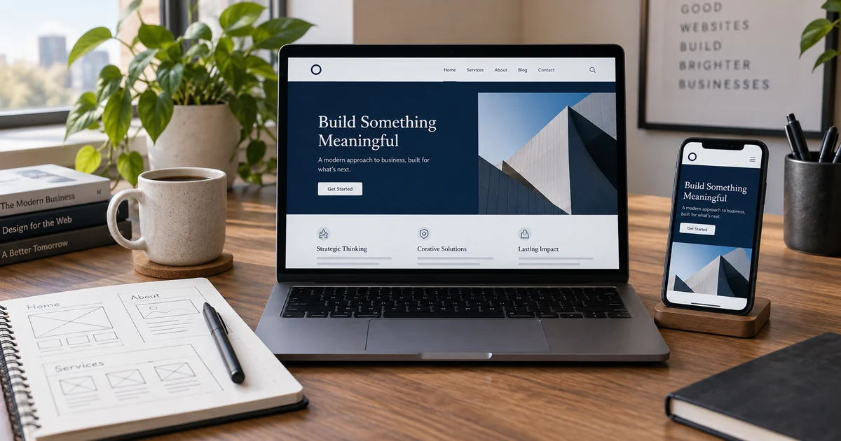 Laptop and phone displaying matching business website layouts beside a planning notebook.