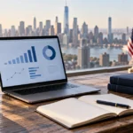 Business planning desk with a laptop, notebook and city skyline.