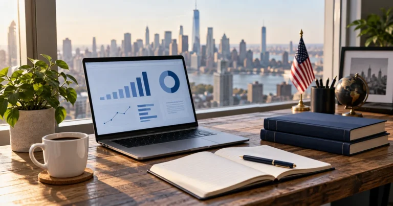 Business planning desk with a laptop, notebook and city skyline.