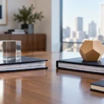 Two document folders with glass and wooden shapes on a business meeting table.