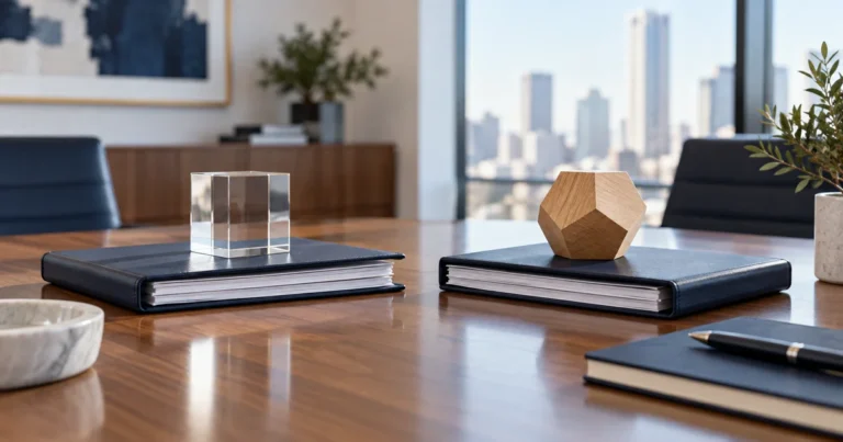 Two document folders with glass and wooden shapes on a business meeting table.