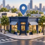 Editorial illustration of a miniature neighborhood storefront with a blue location pin.