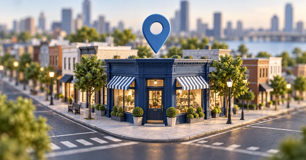 Editorial illustration of a miniature neighborhood storefront with a blue location pin.