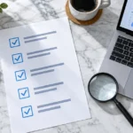 Blue checklist, magnifying glass and laptop with illustrative analytics on a desk.