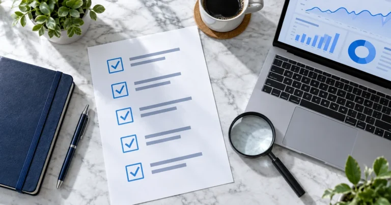 Blue checklist, magnifying glass and laptop with illustrative analytics on a desk.